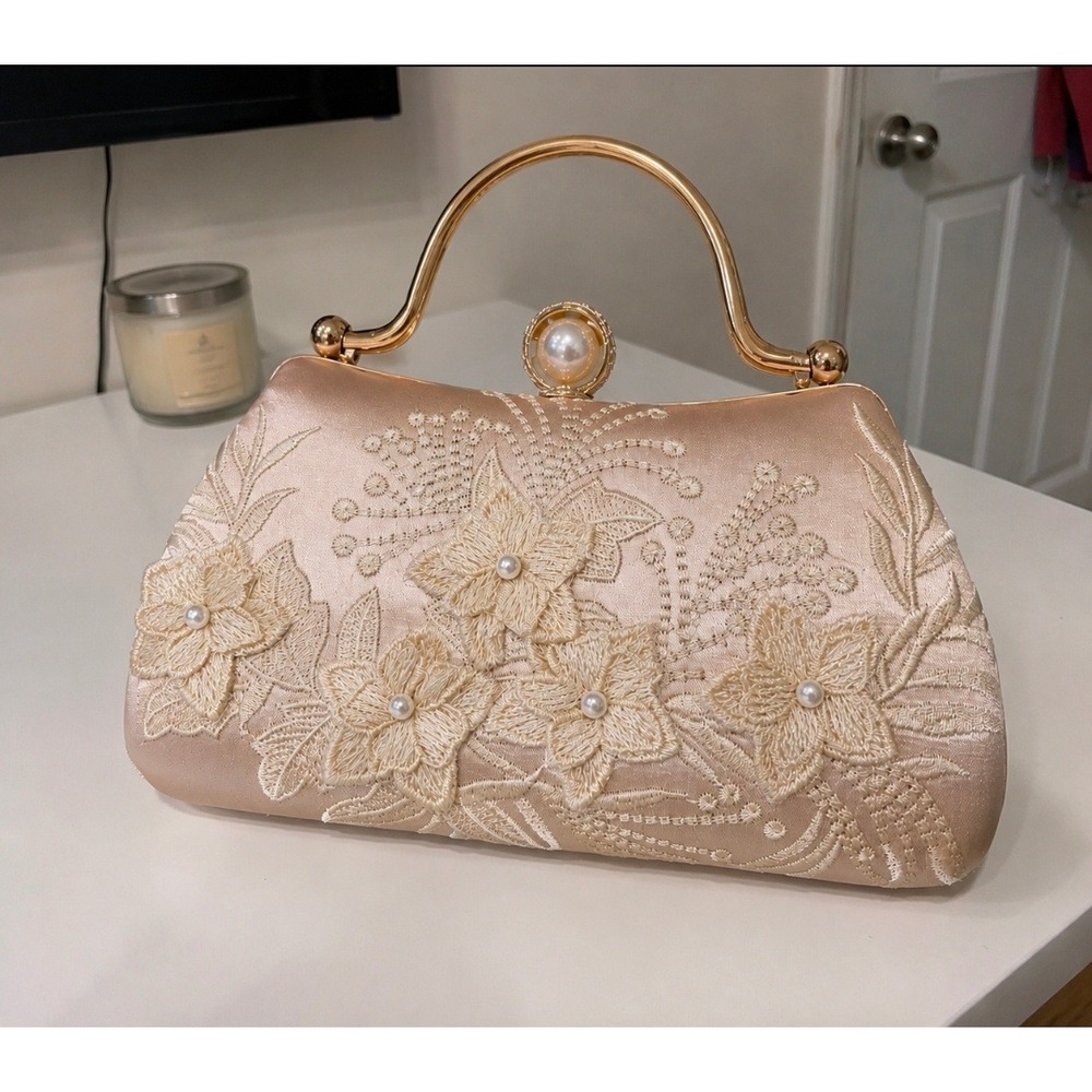 Champagne Satin Floral Embroidered Evening Clutch Pearl Gold Top Handle Bag